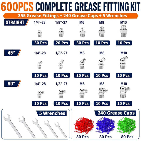 Heavy Duty 600 Pc Zerk Fittings Kit With Complete Sae Metric 1/4 And 1/8 Inch Set Plus Dust Caps And Wrenches For All Your Daily Machine Greasing Needs, assorted fittings