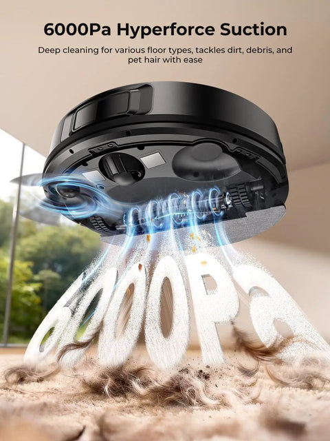 Upgraded Bagless Self Emptying Robot Vacuum And Mop With 6000Pa Suction in action lifting pet hair and debris