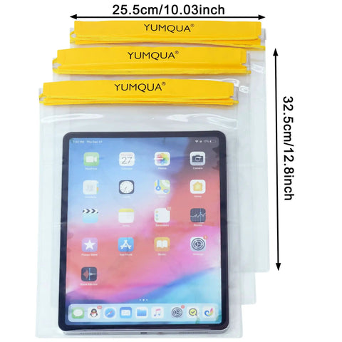 Yellow Large Waterproof Dry Bags 3 Pack Clear Pouches with tablet inside, watertight and durable for kayaking or water sports.