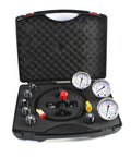 Open case showing Nitro Charged Hydraulic Accumulator Kit With Nitrogen Charging And Pressure Test Gauges 3 Gauges And 7 Couplings.