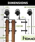 Diagram of Black Rustic Single Track Bypass Sliding Barn Door Hardware Kit for Double Doors with dimensions shown.
