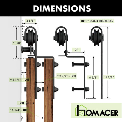 Dimensions diagram for Heavy Duty Black Rustic Single Track Bypass Sliding Barn Door Hardware Kit For Four Doors