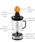 Elite Gourmet Citrus Juicer 1.2 L Capacity Black And Stainless Steel Electric Orange Lemon Squeezer with dual cones and juice collector.