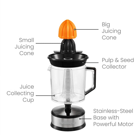 Elite Gourmet Citrus Juicer 1.2 L Capacity Black And Stainless Steel Electric Orange Lemon Squeezer with dual cones and juice collector.