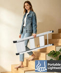 3 Step Aluminum Step Ladder Foldable For Home Use With Steel Frame Stable No Wobble Design Rust Resistant Coating 330 Lb Capacity Lightweight Yet Durable Perfect For Indoor Tasks And Quick Outdoor Fixes. on wooden stairs