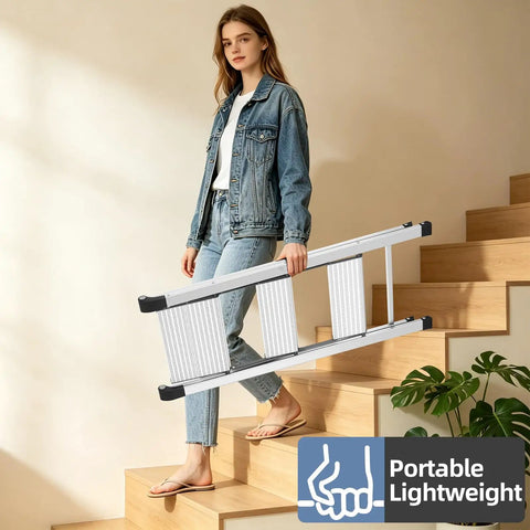 3 Step Aluminum Step Ladder Foldable For Home Use With Steel Frame Stable No Wobble Design Rust Resistant Coating 330 Lb Capacity Lightweight Yet Durable Perfect For Indoor Tasks And Quick Outdoor Fixes. on wooden stairs