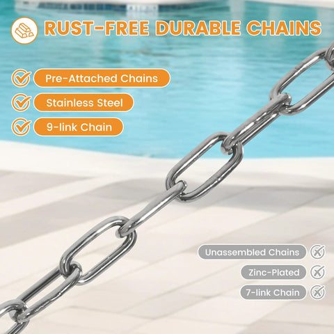Stainless steel 9-link chain near pool, used with Caribbean Rope Hammock 10.5 Ft Double Outdoor Hammock With Spreader Bars