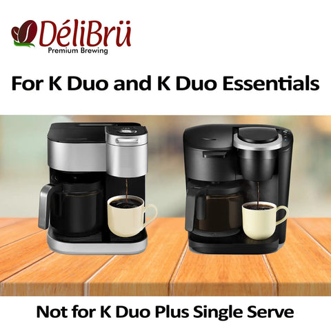 Two Keurig K Duo coffee makers with cups, suitable for Reusable Gold Tone Mesh Coffee Filter For Keurig K Duo, 8 To 12 Cup Basket.
