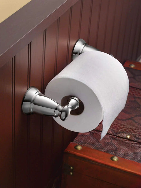 Banbury Pivoting Toilet Paper Holder In Brushed Nickel, Zinc Construction With Spring Free Design, mounted on bathroom wall