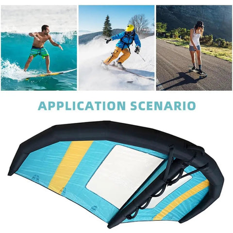 Inflatable Wing For Windsurfing And Kitesurfing, 5 Square Meters Handheld Surf Wing With Window shown for surfing and skiing use.