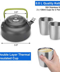 Lightweight Camping Cookware Mess Kit Gear With Pot, Pan, Kettle, Two Cups And Utensils Stainless steel 0.8L kettle and cups