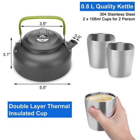 Lightweight Camping Cookware Mess Kit Gear With Pot, Pan, Kettle, Two Cups And Utensils Stainless steel 0.8L kettle and cups