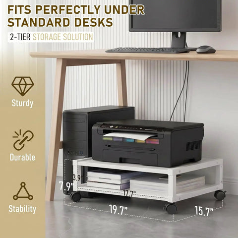 Totally Slick Two Tier Rolling Printer Stand Under Desk With Open Bottom Shelf And Heavy Duty Swivel Casters For Zero Hassle Home Office Workspace Organization White
