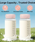 Keep Your Pumped Juice Ice Cold All Day With This Portable Breast Milk Cooler And Dual Leakproof Storage Bottles Crafted For Hustling Moms Grab And Go Travel Chiller Keeps Milk Fresh Zero Chaos Setup Slick Blush Look. Two 11oz BPA-free storage bottles with measuring scales on grass.