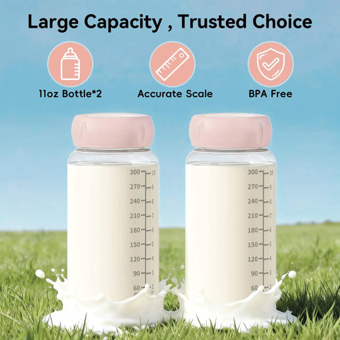 Keep Your Pumped Juice Ice Cold All Day With This Portable Breast Milk Cooler And Dual Leakproof Storage Bottles Crafted For Hustling Moms Grab And Go Travel Chiller Keeps Milk Fresh Zero Chaos Setup Slick Blush Look. Two 11oz BPA-free storage bottles with measuring scales on grass.