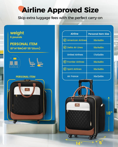 Underseat Carry On Luggage With Spinner Wheels 16 Inch Rolling Laptop Bag For Women with size comparison chart in airport