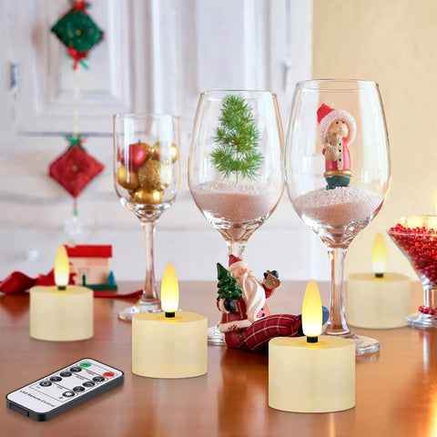 12 Pack Rechargeable Flameless Tea Lights With Remote Timer, 3D Wick, USB Charging Cables, Battery Operated LED Candles on table