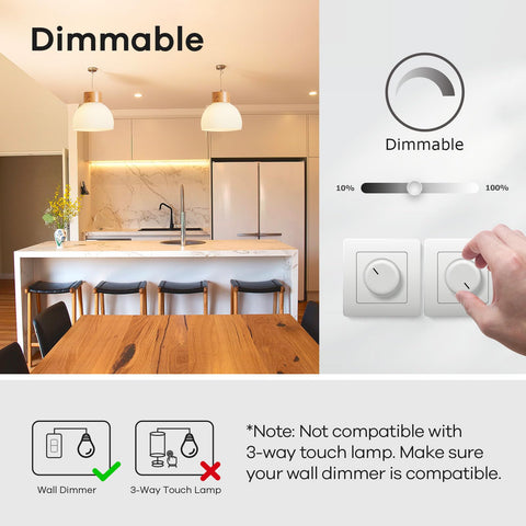 Image showing dimmable feature of A19 LED bulbs with kitchen setting, dimmer switch, and compatibility notes.
