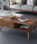 Top Shelf Retro Coffee Table For Living Room With Spacious Lower Shelf And Smooth Drawer Slides Mid Century Modern Wood Cocktail Table Featuring Rustic Brown Finish and open surface for decor.