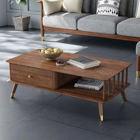 Top Shelf Retro Coffee Table For Living Room With Spacious Lower Shelf And Smooth Drawer Slides Mid Century Modern Wood Cocktail Table Featuring Rustic Brown Finish and open surface for decor.