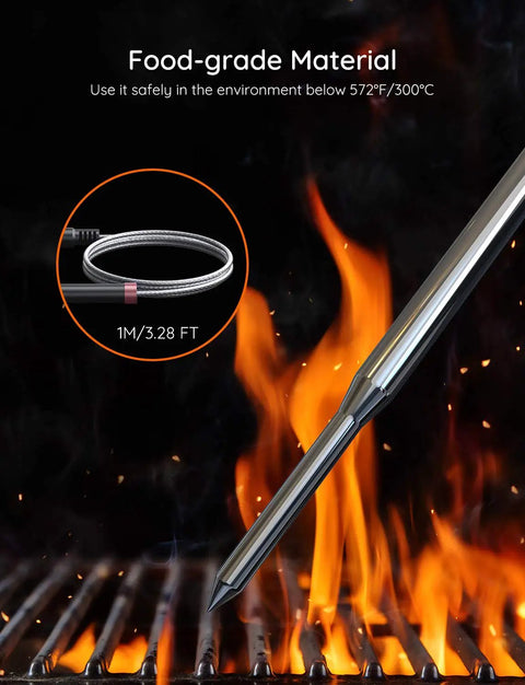2-Pack 2.5mm Probe Replacement For H5055 Meat Thermometer, durable stainless steel probe shown over grill flames with 1m cable inset