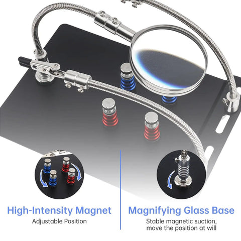 Magnetic Helping Hands Soldering Station With 4 Magnetic PCB Clamps, 3X Magnifying Glasses, 2 Flexible Arm Magnifiers shown in detail.