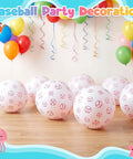 12 Pack Inflatable Baseball Beach Balls, 16 Inch Large Bouncy Pool Balls for Adults in a party setting, surrounded by colorful balloons.