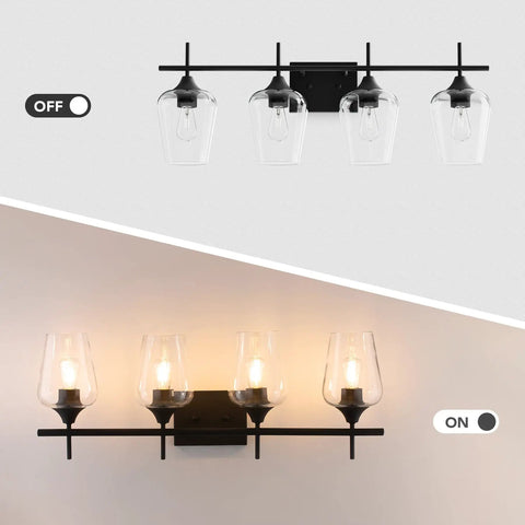 4 Light Vanity Light Fixture With Clear Glass Shades Black Finish Modern Industrial Style Over Mirror Wall Lamp Ideal For Bathroom Bedroom Hallway LED Compatible Dimmable And Energy Efficient