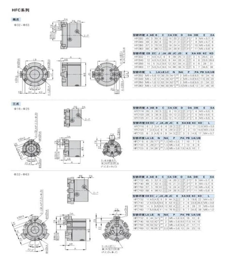 Heavy Duty Pneumatic Claw Gripper Cylinder For Hfc16 20 Hfcy16 20 Hfcx16 20 Series technical specifications diagram and dimensions.