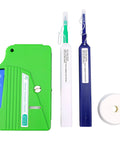 Fiber optic cleaner kit, front view, green case with white and blue cleaning pens and a white tape roll.