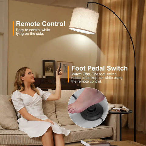 Arc Floor Lamp With Table And Marble Base, 81 Inch Tall, LED Dimmable With Remote And Four Color Temperature in living room