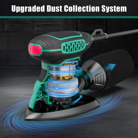 Detail Sander With Vacuum Attachment Easy Access For Tight Corners 13000 OPM Palm Sander 1 2 Amp With 12 Sandpapers Upgraded Dust Collection System Compact Design For Paint Removal And Fine Finish showcasing its upgraded dust collection system.