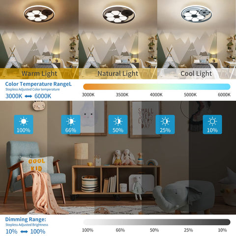Cool Soccer Ball LED Ceiling Light for Kids Room and Bedroom showing dimmable features and color temperature range from 3000K to 6000K.