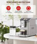 Slick Fully Automatic Espresso Machine With Built In Grinder And One Touch Milk Frother For Lattes And Cappuccinos showing removable water tank and milk container.