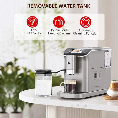 Slick Fully Automatic Espresso Machine With Built In Grinder And One Touch Milk Frother For Lattes And Cappuccinos showing removable water tank and milk container.