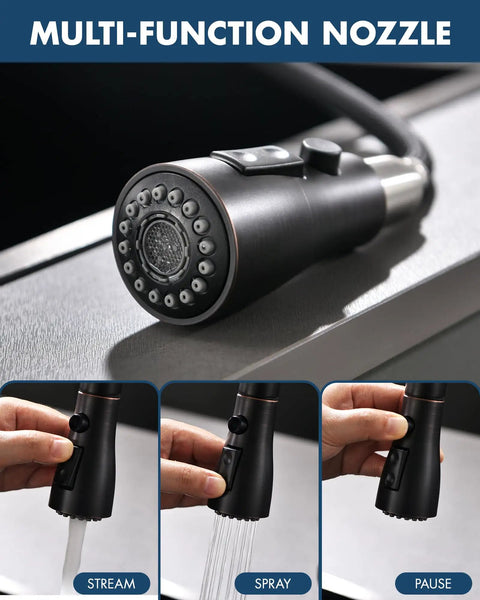 GIMILI Touchless Kitchen Faucet with Pull Down Sprayer multi-function nozzle showing stream, spray, and pause settings.