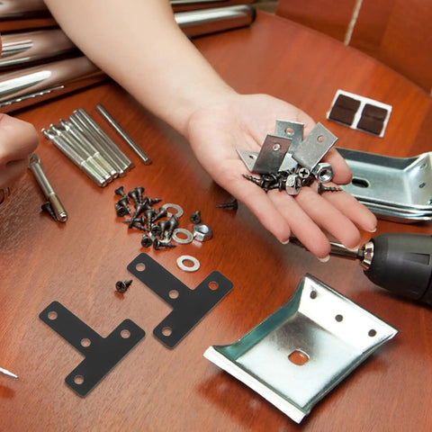 Assembly of Beefy Heavy Duty Black T Shape Corner Brackets 20 Pieces Stainless Steel With Screws for wood furniture on table