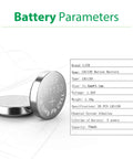 Badass LR1130 And AG10 Button Cell Batteries 20 Pack 1.5V Alkaline Power specifications and dimensions displayed.