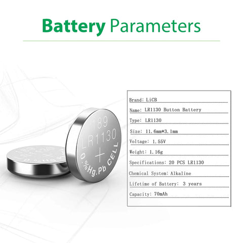 Badass LR1130 And AG10 Button Cell Batteries 20 Pack 1.5V Alkaline Power specifications and dimensions displayed.