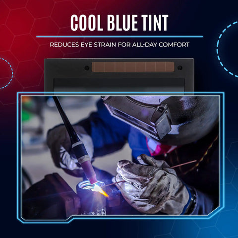 Welder using welding torch with Auto Darkening 2x4 Welding Lens Shade 10 for most helmets, cool blue tint display