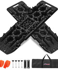 Tough As Nails Off Road Recovery Traction Boards With Built In Jack Lift Base For Mud Sand Snow Escape Heavy Duty Reinforced Nylon 2 Piece Set For 4X4 Ride Rescue And No Sweat Getaways, showing black traction mats.
