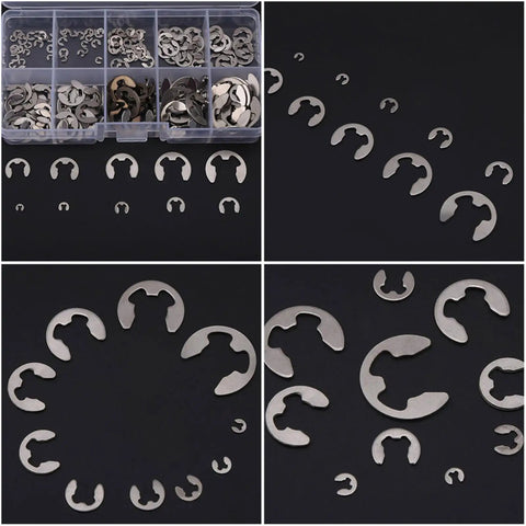 E Clip Assortment Kit 200 Pieces Stainless Steel Retaining Rings M1.5 Through M10 For Axle Shaft Repair And Industrial Maintenance Heavy Duty 304 Grade Stainless Hardware For Quick Fixes displayed in organizer box with scattered clips