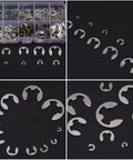 Assortment E Clips Kit 200 Piece Set 304 Stainless Steel External Retaining Rings 1.5 To 10 Mm Range For Shaft And Axle Repair Ideal For Your Home Workshop displayed in box and loose on black