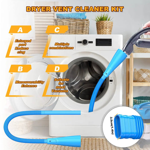 Pro Dryer Vent Cleaner Kit With Vacuum Hose Attachment And Lint Remover For Dryer Vents Sofas Crevices And Fridge Coils Easy To Use Removes Years Of Lint Helps Prevent Fires Blue shown with washing machine