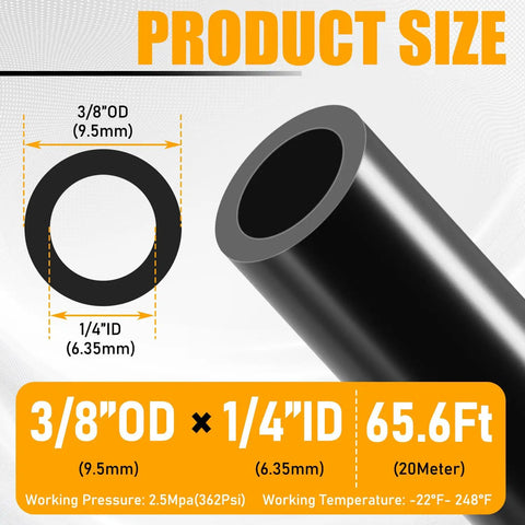 Diagram showing PA12 Nylon Three Eighths Inch Outer Diameter Air Line Brake Hose dimensions, 65.5 Feet Long, 20 Meters, Black Tubing.