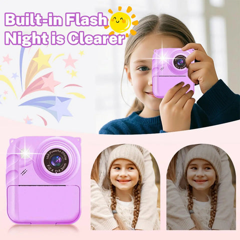 Kid Friendly Instant Print Camera With 1080P Video, Colorful Digital Photos And Black And White Ink Free Thermal Prints, Includes Three Print Rolls, Simple One Button Camera For Little Photographers, Portable Snap And Print Fun, purple kid camera