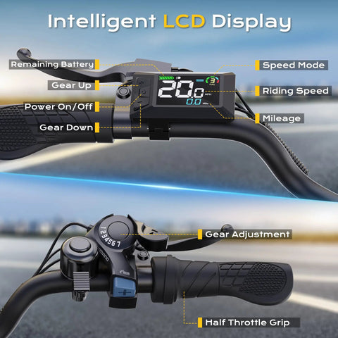 Handlebars of a Powerful 1000W Peak Electric Bike for Adults with 48V Battery showing smart LCD display and controls.