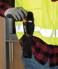 Person inserting Rechargeable 3 In 1 LED Flashlight With Spotlight Floodlight And Red LEDs 1000 Lumens USB Cable Included into holster on belt.