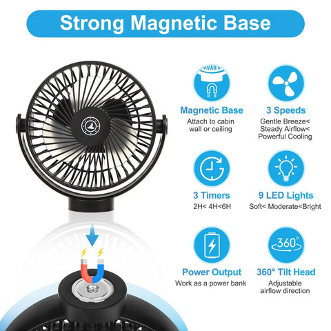 Keep Your Cabin Vibe Fresh With This Magnetic Cruise Fan 12000 Mah Battery 3 Speed Settings, ceiling and wall mount features.