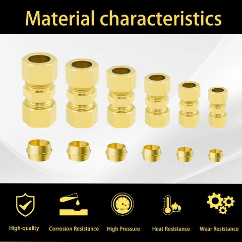 Front view of 108-piece brass compression tube fittings kit with 1/8–1/2 in OD union connectors and sleeves